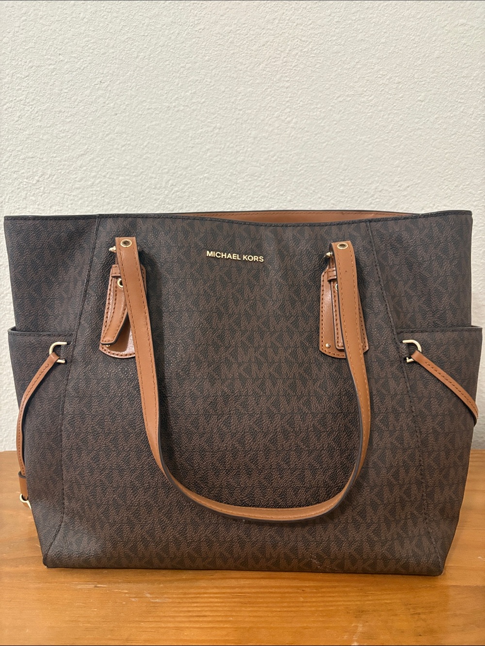 Michael Kors Dark Brown Monogram Tote with Tan Trim